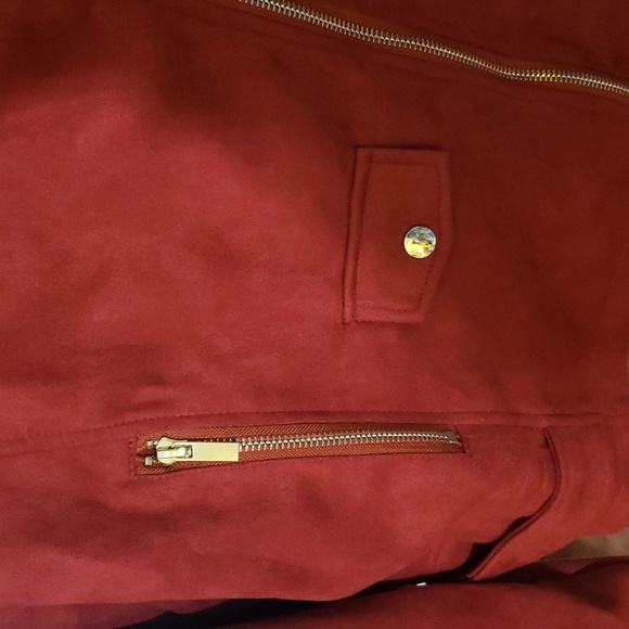 Burgundy (Faux) Suede Moto Jacket.  Red Motorcycle Jacket XL. NWT. Express. - Picture 8 of 9